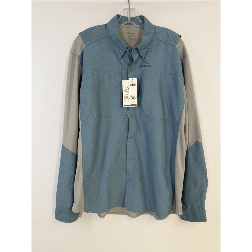 NWT LL BEAN Hybrid Fishing Shirt Blue Gray Vented UPF 50 Long Sleeve Men's L